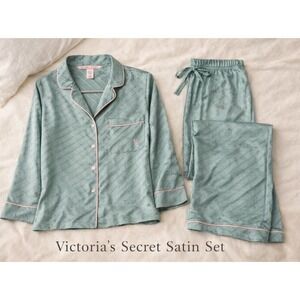 Victoria Secret Satin Pajama Set Small Green Pink Trim Pockets Logo PJ Sleepwear